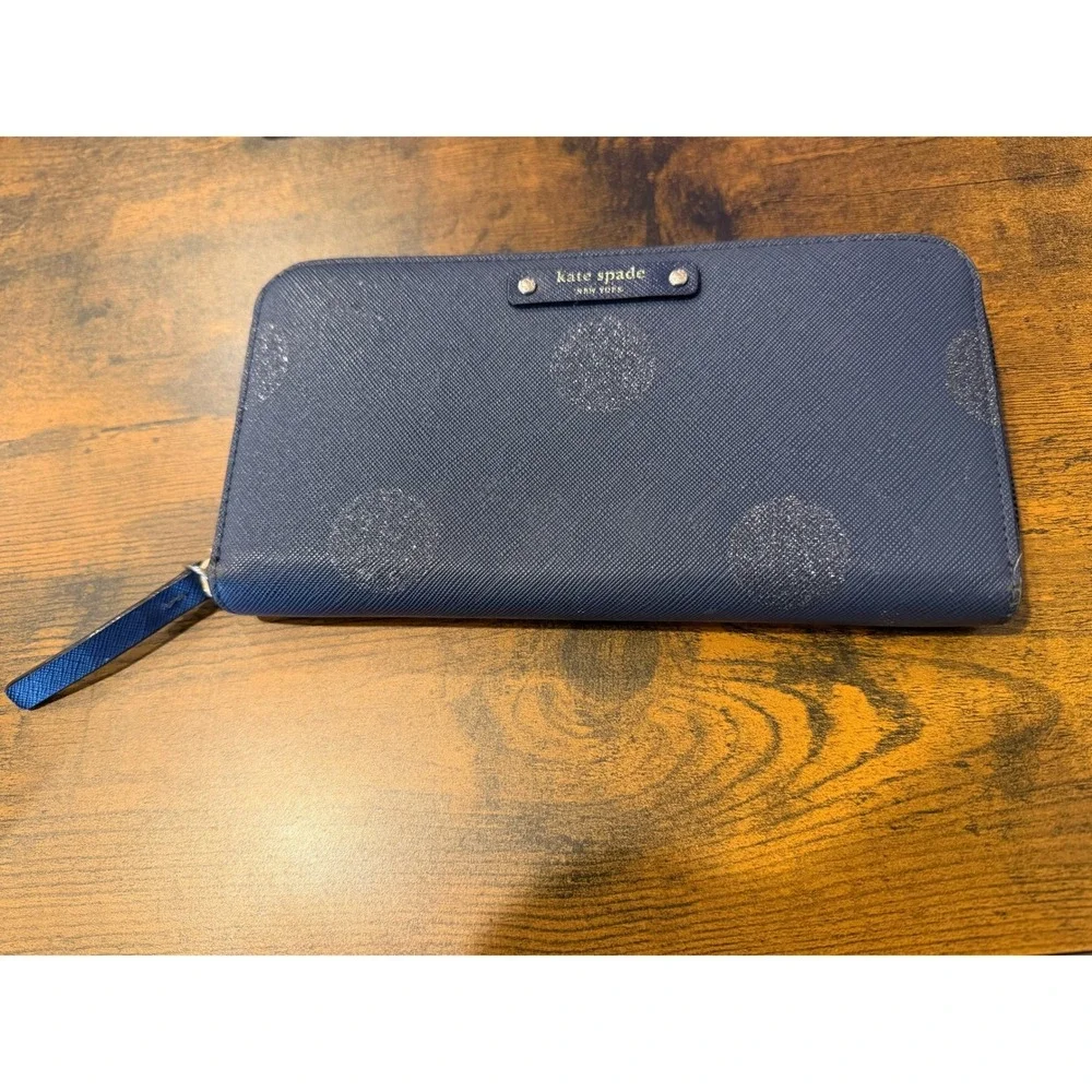 Kate Spade Navy Blue Saffiano Leather‎ Glitter Polka Dot Zip Around Wallet